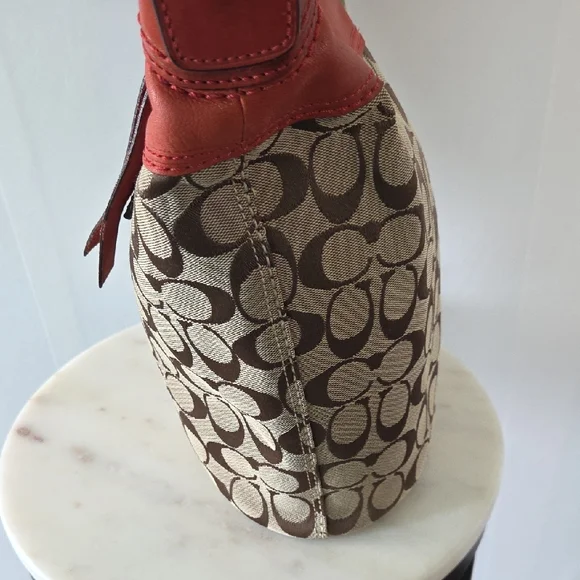 Coach Monogram Canvas Shoulder Bag with Red Leather Trim Vintage - Picture 8 of 13